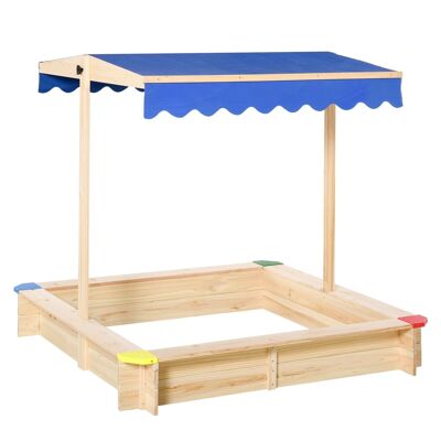 Square wooden sandpit dim. 1.2L x 1.2W x 1.2H m - adjustable roof height and inclination - natural pine wood