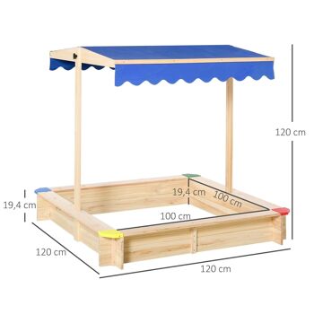 Bac à sable bois carré dim. 1,2L x 1,2l x 1,2H m - hauteur et inclinaison toit réglables - bois naturel de pin 3