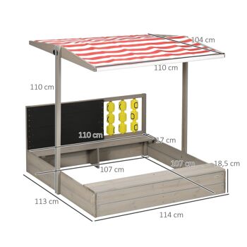 Bac à sable bois carré dim. 1,18L x 1,13l x 1,10H m - hauteur, inclinaison toit réglable, refermable - tableau, jeu - bois sapin gris 3