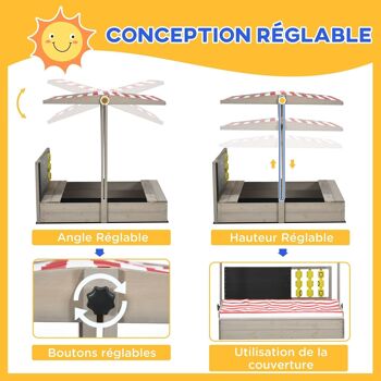 Bac à sable bois carré dim. 1,18L x 1,13l x 1,10H m - hauteur, inclinaison toit réglable, refermable - tableau, jeu - bois sapin gris 4