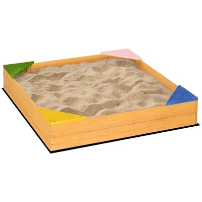 Quadratischer Sandkasten aus Holz für Kinder, 4 Ecksitze und Schutzfolie, 109 x 109 x 19,8 cm, Naturholz