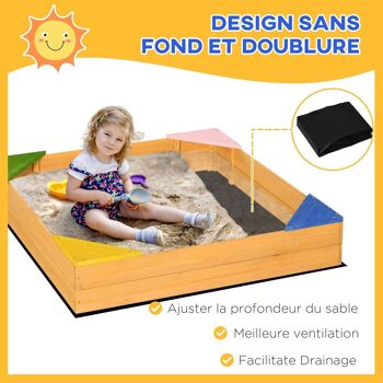 Bac à sable carré en bois pour enfants 4 assises en coin et film protection 109 x 109 x 19,8 cm bois naturel 4