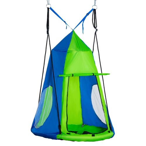 Balançoire nid d'oiseau ronde balançoire panier Ø 1 x 1,8H m - tente amovible incluse - 4 anneaux inclus métal époxy Oxford haute densité bleu vert