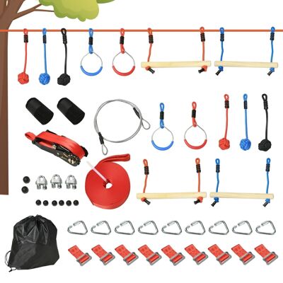 Parcours d'obstacles ninja enfant - 30 accessoires, 10 m de slackline - sac de transport - bleu rouge