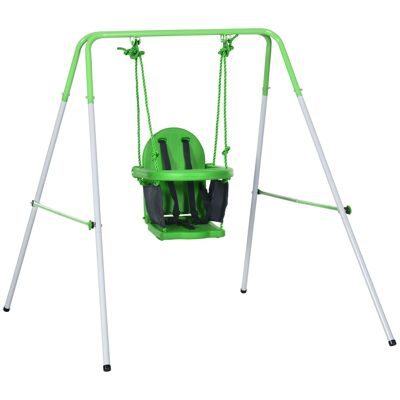 Children's swing frame 6-36 months - high seat, armrests, 2-point safety belt, protective bar - green white epoxy metal
