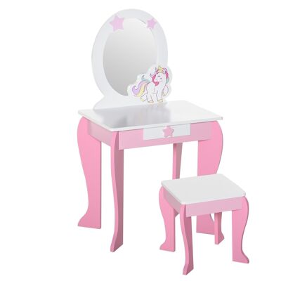 Tocador infantil con diseño de unicornio - taburete incluido - Dimensiones 49L x 34An x 90H cm - cajón, espejo - MDF - rosa blanco