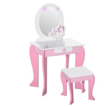 Coiffeuse enfant design licorne - tabouret inclus - dim. 49L x 34l x 90H cm - tiroir, miroir - MDF - rose blanc 1