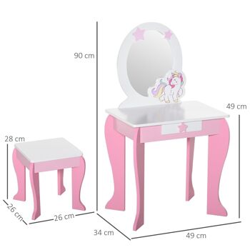 Coiffeuse enfant design licorne - tabouret inclus - dim. 49L x 34l x 90H cm - tiroir, miroir - MDF - rose blanc 3