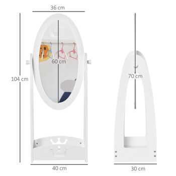 Miroir à pied inclinaison réglable - miroir enfant - design couronne - étagère de rangement - dim. 40L x 30l x 104H cm - MDF blanc 3