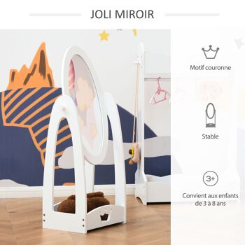 Miroir à pied inclinaison réglable - miroir enfant - design couronne - étagère de rangement - dim. 40L x 30l x 104H cm - MDF blanc 4