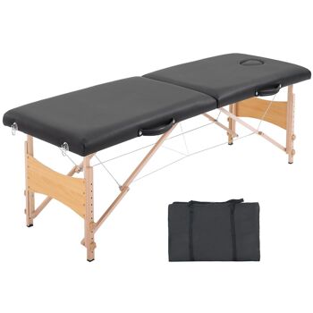 HOMCOM Table de massage pliante lit table de beauté 2 zones portable sac de tranport inclus hauteur réglable dim. 186L x 60l x 58-81H cm bois massif revêtement synthétique noir 1