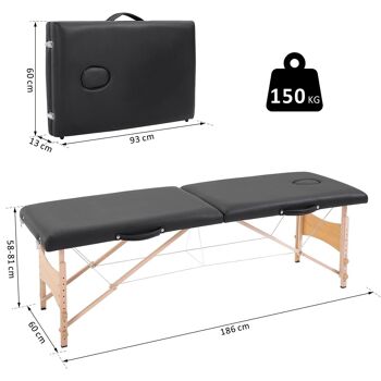 HOMCOM Table de massage pliante lit table de beauté 2 zones portable sac de tranport inclus hauteur réglable dim. 186L x 60l x 58-81H cm bois massif revêtement synthétique noir 3