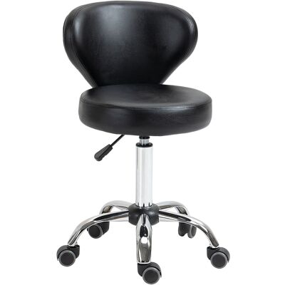 HOMCOM Taburete de masaje - taburete de trabajo giratorio 360° - asiento ajustable 49-64H cm, respaldo ergonómico - metal cromado con revestimiento sintético negro