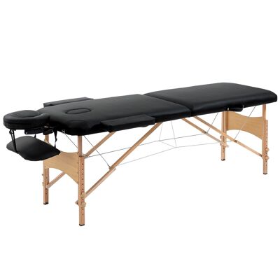 Folding massage table bed beauty table 2 portable zones transport bag included adjustable height dim. 185L x 60W x 61-88H cm solid wood black synthetic coating