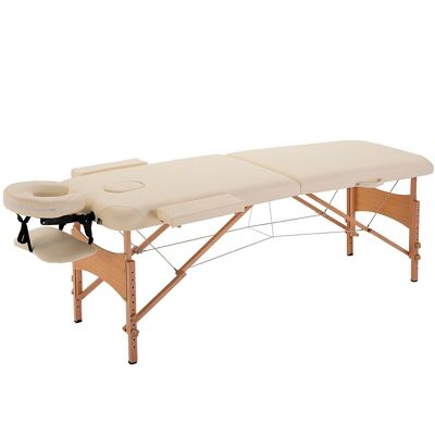 Folding massage table bed portable 2-zone beauty table transport bag included adjustable height dim. 182L x 60W x 61-87H cm solid wood cream synthetic coating