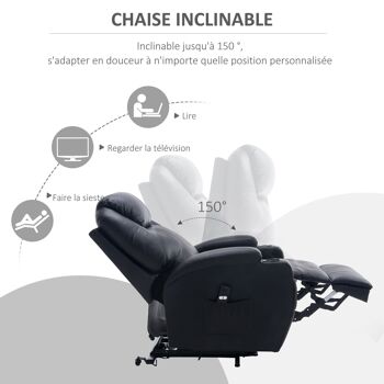 Fauteuil releveur électrique fauteuil de relaxation inclinable repose-pied relevable grand confort télécommande revêtement synthétique noir 5