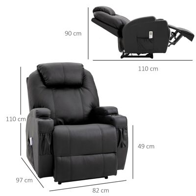 Luxury relaxation and massage armchair reclining backrest electric footrest black synthetic covering