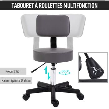 HOMCOM Tabouret massage à roulettes réglable en hauteur pivotant dossier ergonomique gris 4