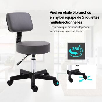 HOMCOM Tabouret massage à roulettes réglable en hauteur pivotant dossier ergonomique gris 5