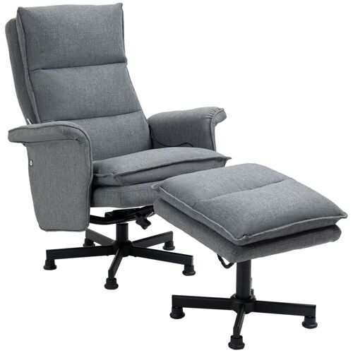 Fauteuil de massage avec repose-pied - style néo-rétro - châssis acier noir aspect lin gris