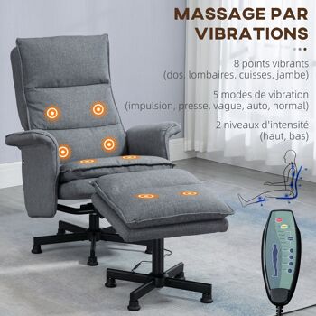 Fauteuil de massage avec repose-pied - style néo-rétro - châssis acier noir aspect lin gris 5
