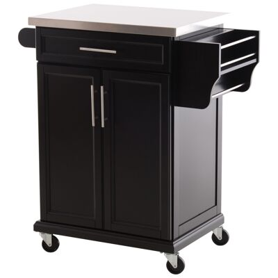 Kitchen service trolley with wheels kitchen island - 2-door cupboard, shelves, cutlery and side condiment storage - stainless steel tray. black wood