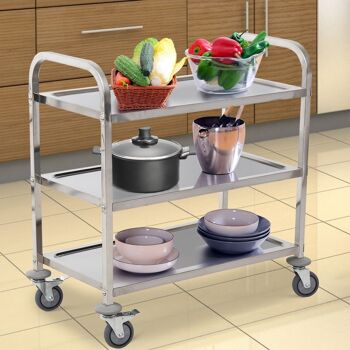 HOMCOM Chariot de service desserte de cuisine à roulettes 3 étagères 85L x 45l x 90H cm acier inox. chromé 2