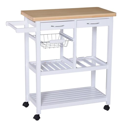 Chariot de service desserte de cuisine à roulettes multi-rangements 85L x 37l x 85H cm plateau bois massif pin châssis MDF blanc