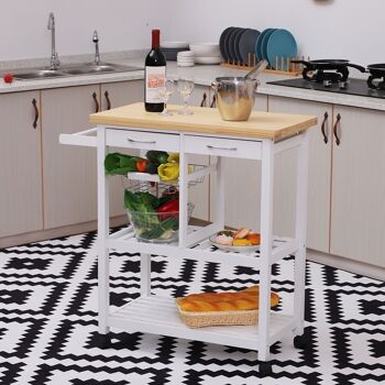 Chariot de service desserte de cuisine à roulettes multi-rangements 85L x 37l x 85H cm plateau bois massif pin châssis MDF blanc 2