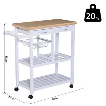 Chariot de service desserte de cuisine à roulettes multi-rangements 85L x 37l x 85H cm plateau bois massif pin châssis MDF blanc 3