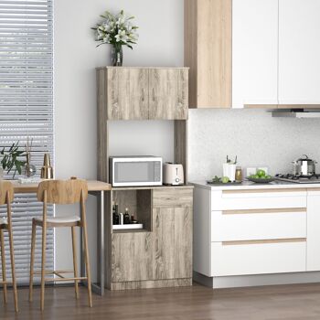 HOMCOM Armoire de cuisine multi-rangements 3 placards 2 niches tiroir panneaux particules classe E1 aspect chêne gris 2