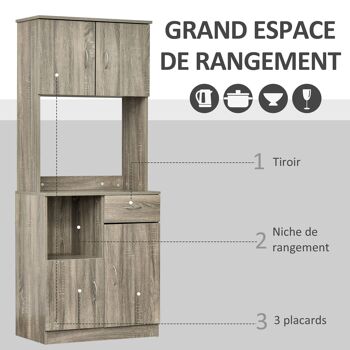 HOMCOM Armoire de cuisine multi-rangements 3 placards 2 niches tiroir panneaux particules classe E1 aspect chêne gris 5