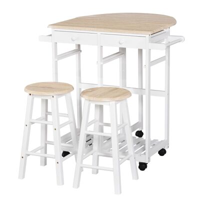 Foldable bar table set on wheels with shelf and 2 drawers + 2 wood stools pine MDF white light oak