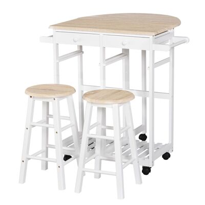 Ensemble table de bar pliable sur roulettes avec étagère et 2 tiroirs + 2 tabourets bois pin MDF blanc chêne clair