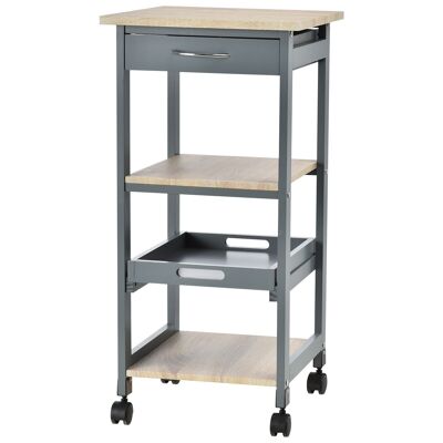 Kitchen service trolley on wheels 2 shelves + removable tray + drawer MDF pine wood gray light oak