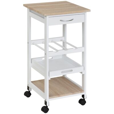 Serving trolley kitchen trolley with wheels 2 shelves + removable tray + drawer MDF pine wood white light oak