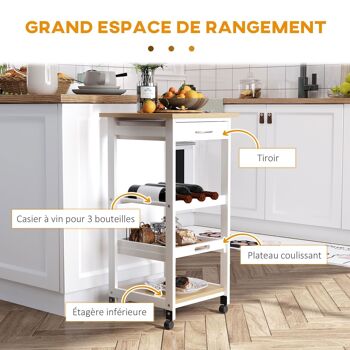 Chariot de service desserte de cuisine à roulettes 2 étagères + plateau amovible + tiroir bois de pin MDF blanc chêne clair 5