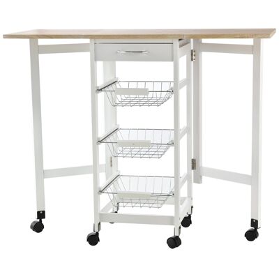 Serving trolley kitchen trolley with multi-storage wheels 3 metal baskets + drawer + MDF white light oak extensions