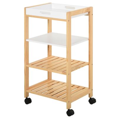 HOMCOM Serving trolley kitchen trolley with wheels 3 shelves + removable tray white MDF pine wood