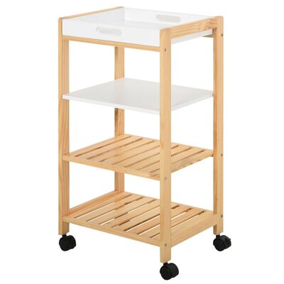 HOMCOM Carro de servicio carro de cocina con ruedas 3 estantes + bandeja extraíble MDF blanco madera de pino