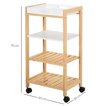 HOMCOM Chariot de service desserte de cuisine à roulettes 3 étagères + plateau amovible bois de pin MDF blanc 3