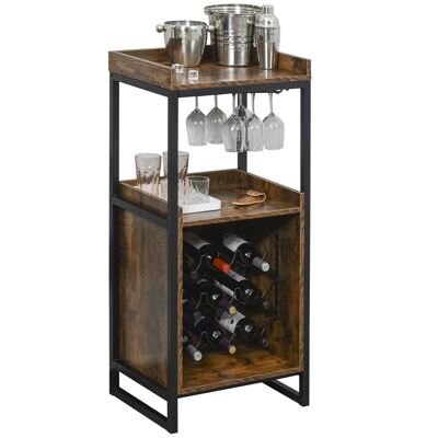 Estante para botellas de vino de diseño industrial, estante para 9 botellas, soporte integrado para copas de vino, aspecto de grano de madera vieja de metal negro