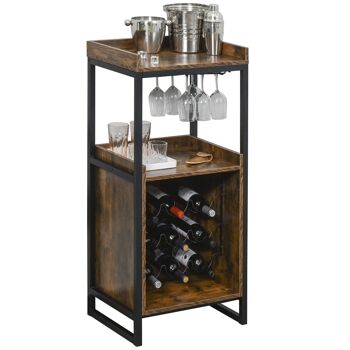 Casier à vin design industriel étagère à bouteilles 9 bouteilles support verres à vin intégré métal noir aspect vieux bois veinage 1