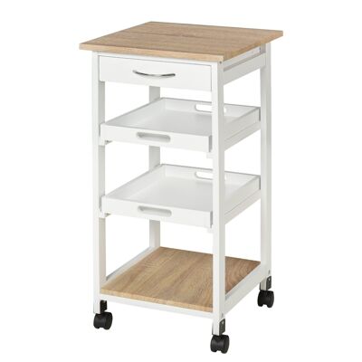 HOMCOM Carrello portavivande carrello da cucina con ruote 2 vassoi estraibili, cassetto, ripiano MDF rovere chiaro pino bianco