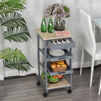 HOMCOM Chariot de service desserte de cuisine à roulettes 2 plateaux amovibles, tiroir, étagère MDF chêne clair bois pin gris 4