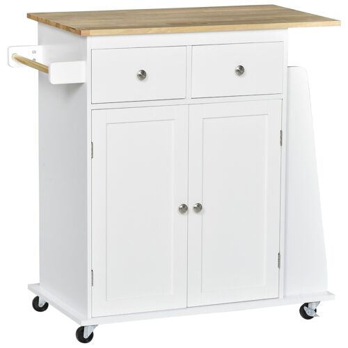 Desserte de cuisine multi rangements 2 tiroirs placard 2 portes avec étagère 3 range-bouteilles porte-torchons MDF blanc hévéa