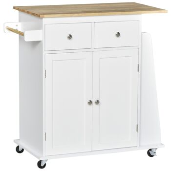 Desserte de cuisine multi rangements 2 tiroirs placard 2 portes avec étagère 3 range-bouteilles porte-torchons MDF blanc hévéa 1