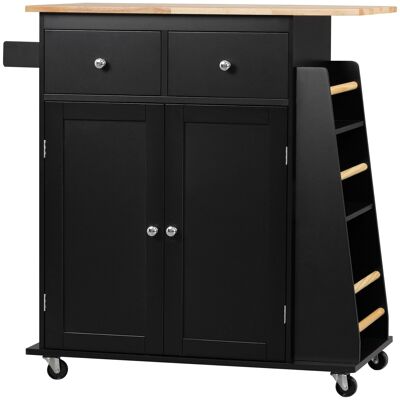 Multi-storage kitchen trolley 2 drawers 2-door cupboard with shelf 3 bottle racks tea towel holder rubber black MDF