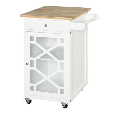 Carrello di servizio - carrello da cucina su ruote - cassetto, armadio, portasciugamani - dim.63L x 45L x 86H cm - piano in gomma con struttura in MDF bianco