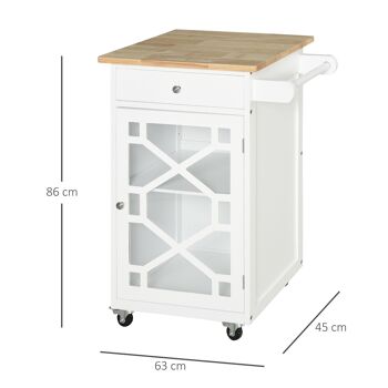 Chariot de service - desserte de cuisine à roulettes - tiroir, placard, porte-serviette - dim. 63L x 45l x 86H cm - plateau bois hévéa structure MDF blanc 3